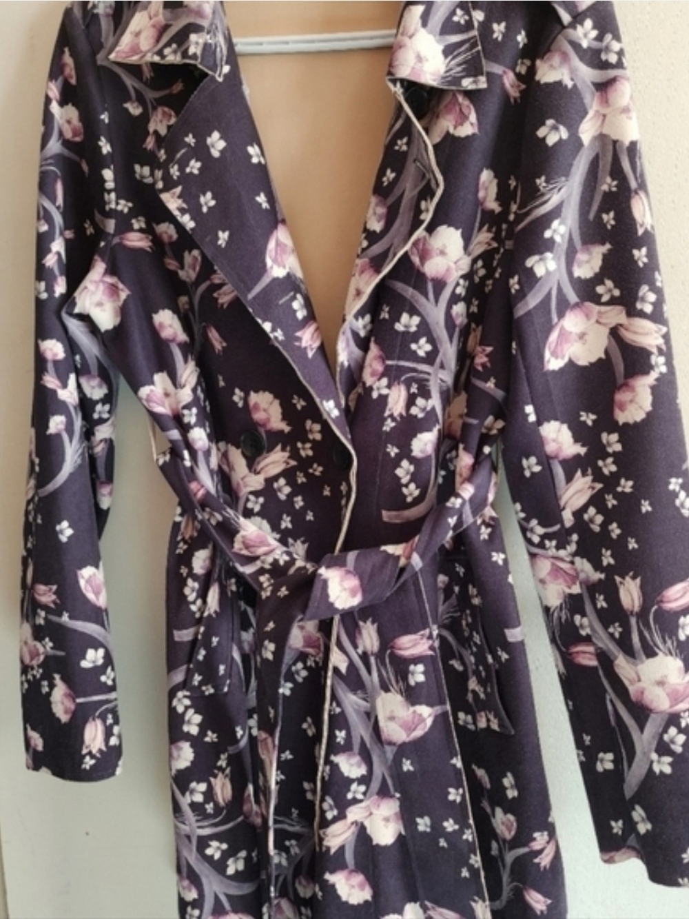 Solitaire Black And Soft PINK Floral Tie-Waist Fall Jacket with Pink Blooms